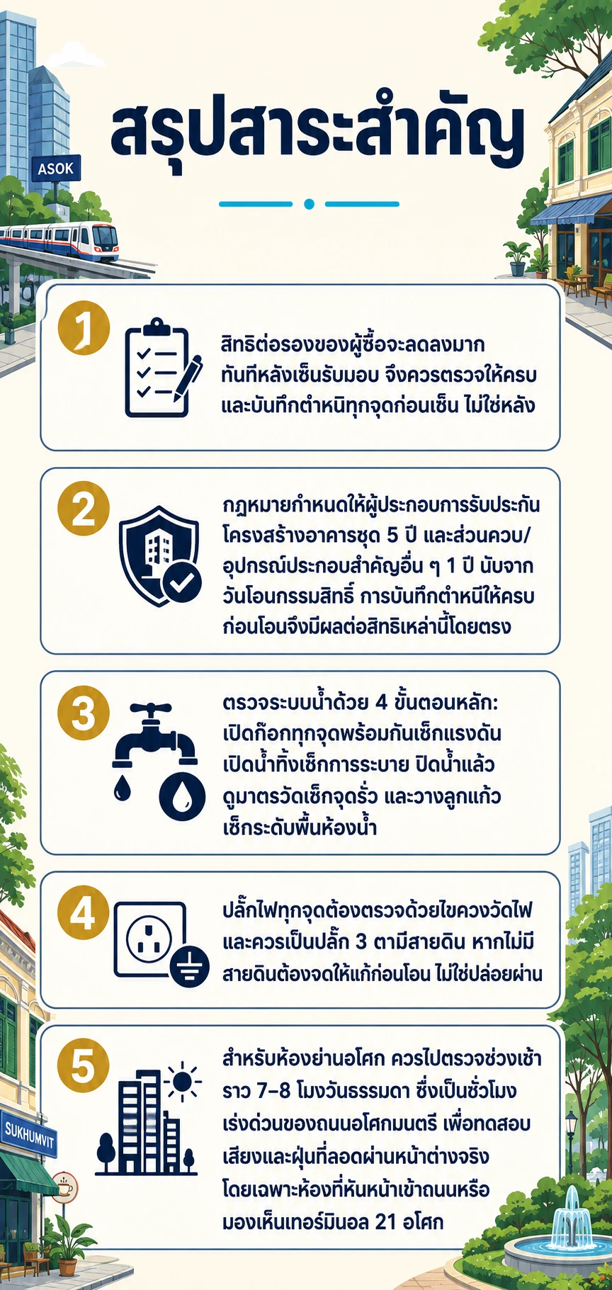 อินโฟกราฟิกสรุปข้อมูล ตรวจรับคอนโดก่อนโอนย่านอโศก: เช็กลิสต์งานระบบและผนังก่อนเซ็นรับมอบ