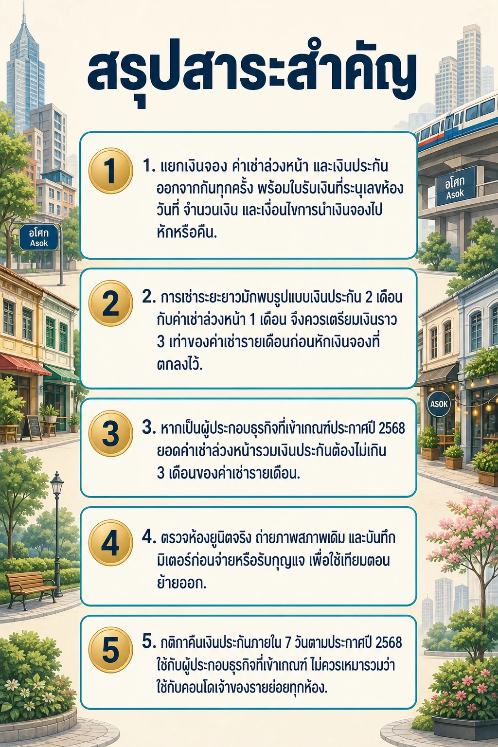 อินโฟกราฟิกสรุปข้อมูล เงินประกันเช่าคอนโดอโศก: วางเงินวันเซ็นสัญญาเท่าไร