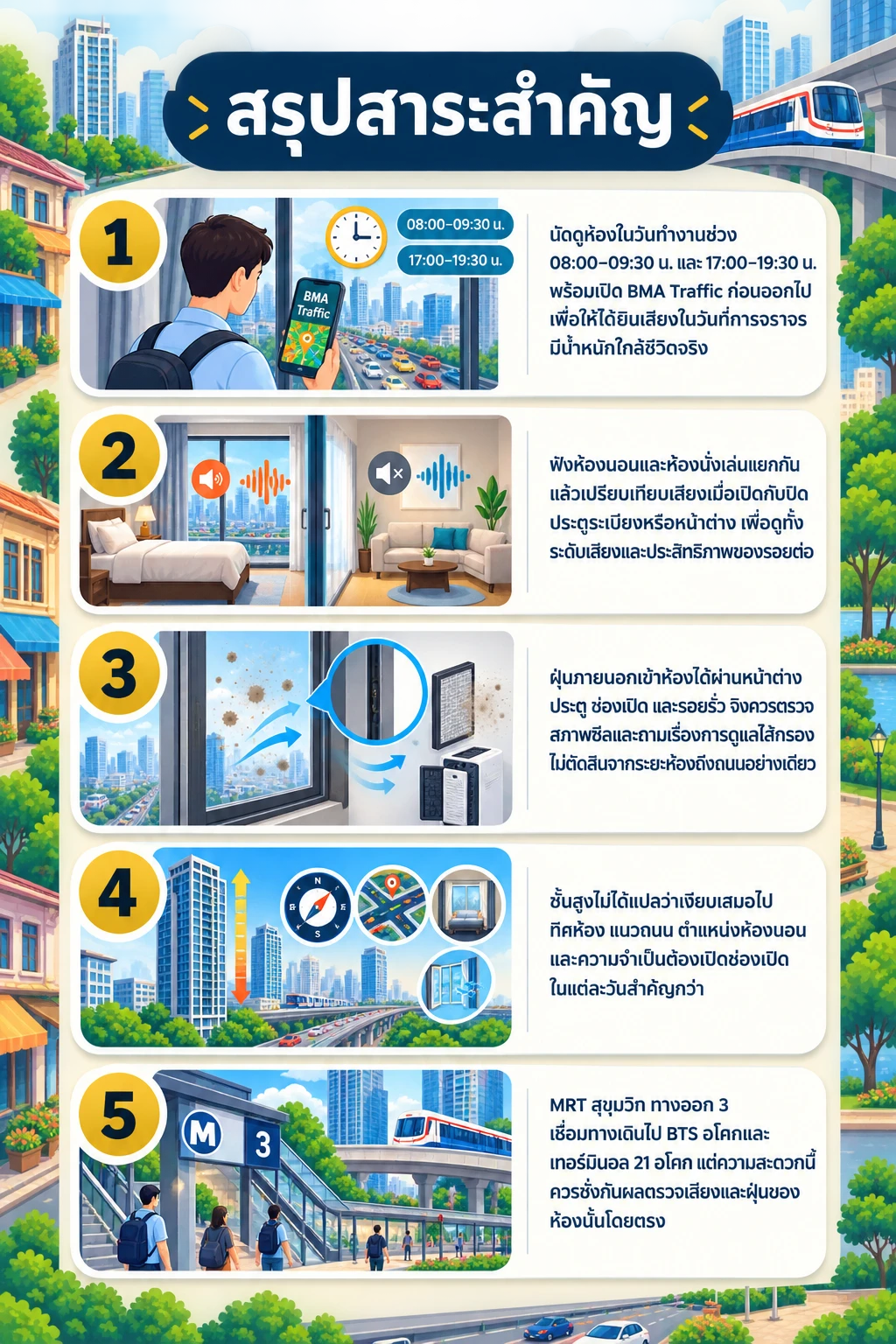 อินโฟกราฟิกสรุปข้อมูล เช่าคอนโดอโศกเสียงดัง: เช็กห้องติดอโศกมนตรีก่อนเซ็นสัญญา