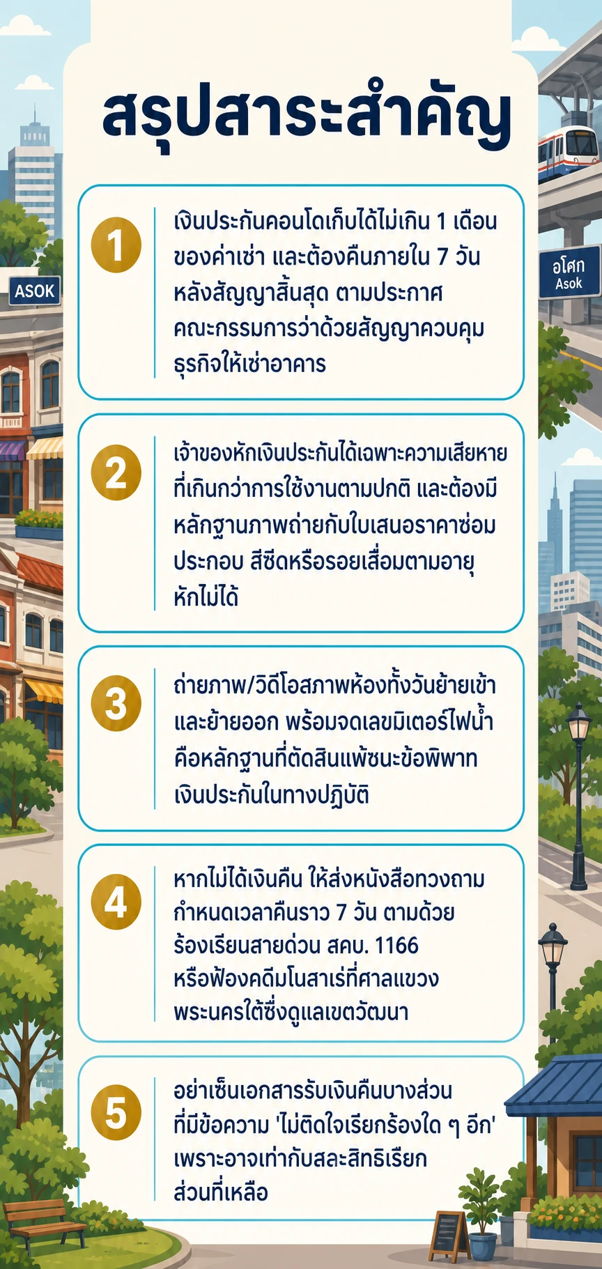 อินโฟกราฟิกสรุปข้อมูล เจ้าของไม่คืนเงินประกันคอนโดอโศก: สิทธิผู้เช่าและขั้นตอนเรียกคืน