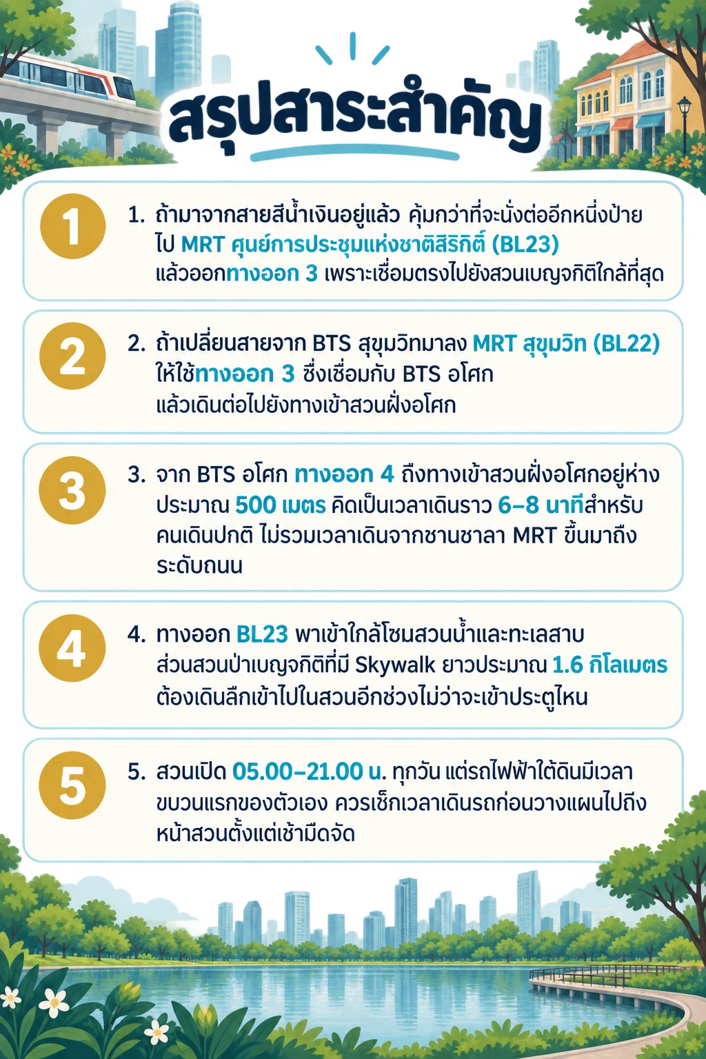 อินโฟกราฟิกสรุปข้อมูล ทางออก MRT สุขุมวิท สวนเบญจกิติ: ออกประตูไหนถึงลานวิ่งเร็วสุด